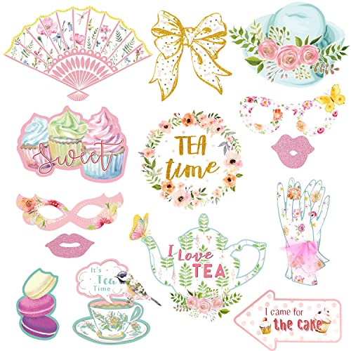 SUNBEAUTY 14 Pcs Tea Party Photo Booth Props Tea Party Decorations Alice in Wonderland Party Supplies Garden Party Bridal Shower for Girls Women - color: Photo Booth Props-tea Party
