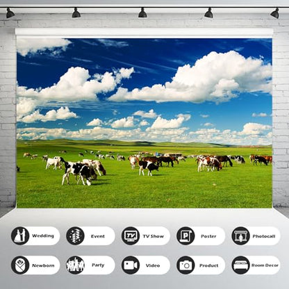 Green Meadow Cows Backdrop Rural Pasture Cows Group Grazing on Grassland Photography Background White Clouds Blue Sky Green Grass Meadow Farm Themed Party Backdrop for Photo Studio Props 5x3ft - color: Green Blue, size: 5x3ft