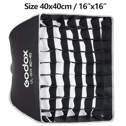 Godox 16" Small Square Softbox Quick Release, UL 40x40cm Universal Bowens Mount Soft Box Fast Setup for Studio Photography, Streaming, Video Lights with Diffusers/Honeycomb Grid/Diffuser Plate - size: 40x40cm /16"