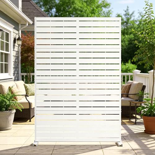 DoCred Metal Privacy Screen, 71" H X 45.7" W Freestanding Rustproof Steel Privacy Panels, Metal Outdoor Privacy Screens Decorative Fence with Stand for Deck, Patio, Backyard & Balcony - color: White Louvered Pattern, size: 71" H x 45.7" W