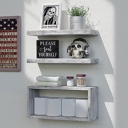 RICHER HOUSE Floating Shelves Set of 3, Farmhouse Bathroom Wall Mounted Shelves with Invisible Brackets Over Toilet, Wall Shelves for Bathroom Bedroom, Living Room, Kitchen - Rustic White - color: Rustic White, size: 2+1