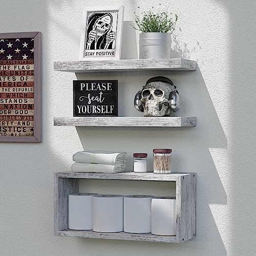 RICHER HOUSE Floating Shelves Set of 3, Farmhouse Bathroom Wall Mounted Shelves with Invisible Brackets Over Toilet, Wall Shelves for Bathroom Bedroom, Living Room, Kitchen - Rustic White - color: Rustic White, size: 2+1