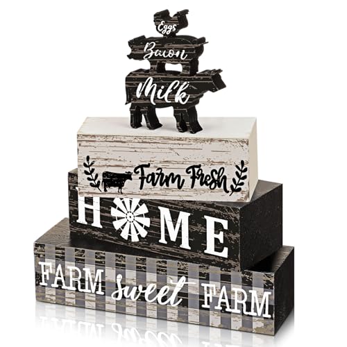 Geelin 4 Pcs Farmhouse Kitchen Signs Cow Rooster and Pig Decors Rustic Wooden Signs Country Table Centerpiece Tiered Tray Decor Table Top Sign for Home Kitchen - style: Farm