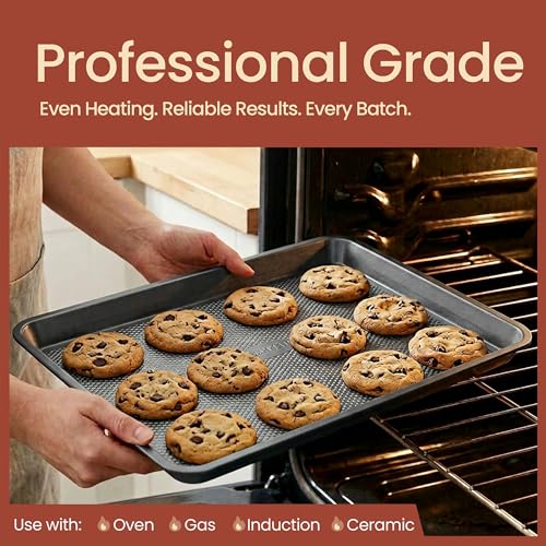 BAKKEN Kitchen Baking Pans - Nonstick Gray Coating, 13.58’’ × 9.65’’ Commercial Grade Carbon Steel Cookie Sheet, Diamond Texture Bottom, PFOA, PFOS, PTFE Free, Oven Safe Tray (450°F), Gray - color: Gray, size: Pack of 1