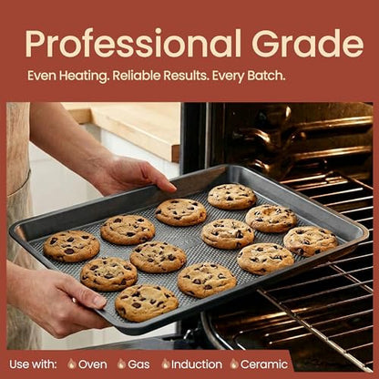 BAKKEN Kitchen Baking Pans - Small, Medium, and Large Cookie Pan (13.58×9.65, 15.75×11, 17.91×12.60), Nonstick, Diamond Texture Bottom, PFOA, PFOS, PTFE Free, Oven Safe Tray (450°F), Pack of 3, Gray - color: Gray, size: Pack of 3