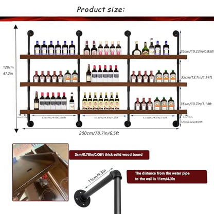 78.7in Large Wine Rack with LED Light Solid Wood Wall Mounted Wine Rack, 3-Tiers Liquor Bottles Floating Shelves Display Storage Organizer for Home Bar & Dining Room (200cm/78.7in) - size: 78.7 inches