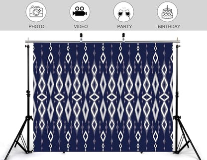 20x10ft Ethnic Geometric Backdrop Navy White Tribal Pattern Photography Background for Minimalist Boho Party and Art Display Wall Decorations Tapestry Photo Booth Props - size: 20x10ft