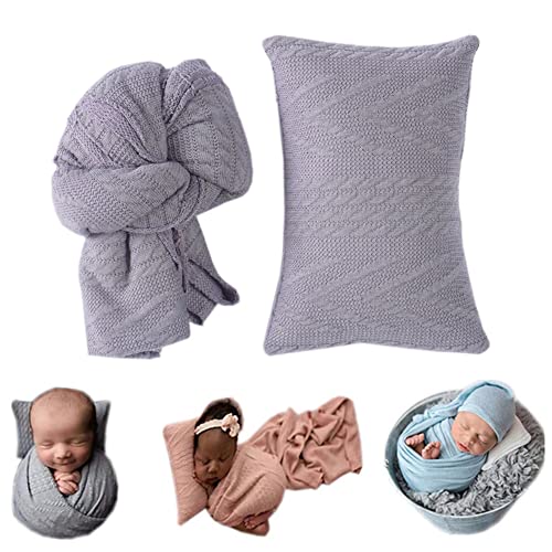 Coberllus Newborn Photography Props Blanket Stretch Knitted Twist Wrap & Posing Pad Prop for Baby Boys Girls Photo Shoot Set (Gray) - color: Gray