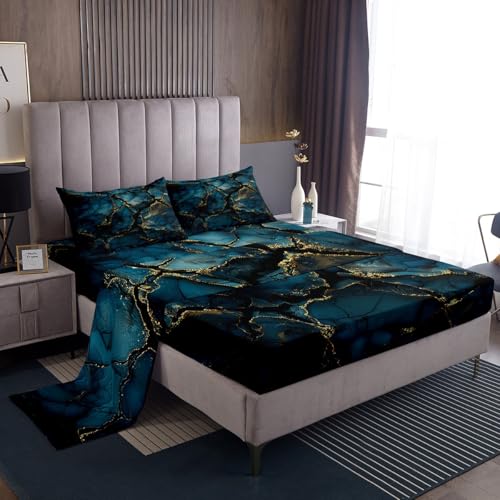 Feelyou Navy Blue Marble Bed Sheets Set Full Size Modern Marble Aesthetic Sheet Set Retro Watercolor Artwork Design Sheets with Deep Pocket Fitted Sheet Abstract Marble Texture Printed Bedding Set - color: Navy Blue, size: Full