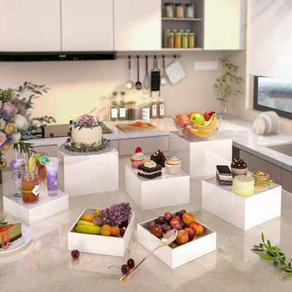 Buffet Risers, Food Display Risers for Party, White Acrylic Risers Display Stand for Buffet Table, Catering Displays for Dessert, Cube Box Nesting Riser with Hollow Bottoms (6"x7"x8" 6PCS) - color: 6"x7"x8" 6PCS White