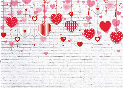 8x6ft Valentine's Day Backdrop White Brick Wall Red Hearts Photography Background Valentine's Day Wedding Bridal Shower Birthday Party Decor Banner Portrait 088 - size: 8x6ft
