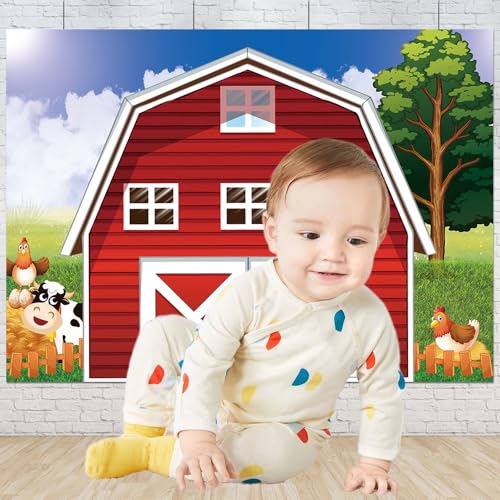 Cartoon Farm Photography Backdrop 8x6ft Animals Rustic Farmhouse Red Barn Photo Background for Kids Birthday Party Decoration Barnyard Baby Shower Newborn Photobooth Banner - size: 8x6 FT