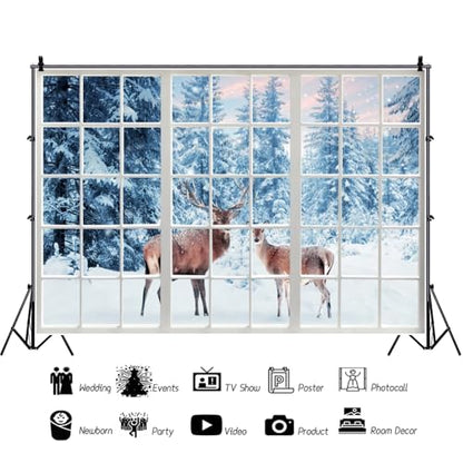 9x6ft Winter Snow Reindeer Photo Backdrop Snow Forest Window View Photography Backdrop Snow Background Photo Prop Christmas Winter Tapestry for Wall Decor - size: 9x6ft-Polyester
