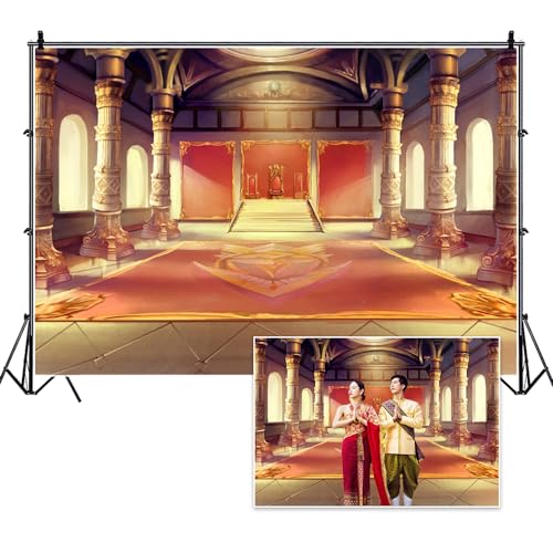 10x8ft Luxury Palaces Backdrop Ancient Royal Throne Golden Hall Carpet Marble Pillar Photography Background for Prom Birthday Wedding Party Decorations Kids Adults Portrait Photo Shoot Props - size: 10x8ft