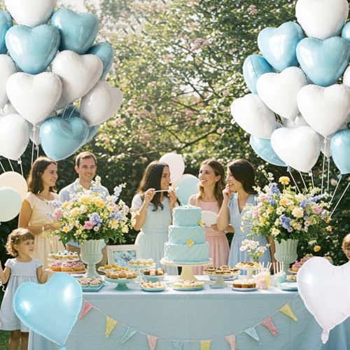 TONIFUL 30Pcs 18 Inch Light Blue White Heart Balloons Pastel Blue Heart Shape Foil Mylar Banners Decoration for Birthday Valentine's Day Wedding Bridal Shower Anniversary Engagement Party Supplies - color: Light Blue White