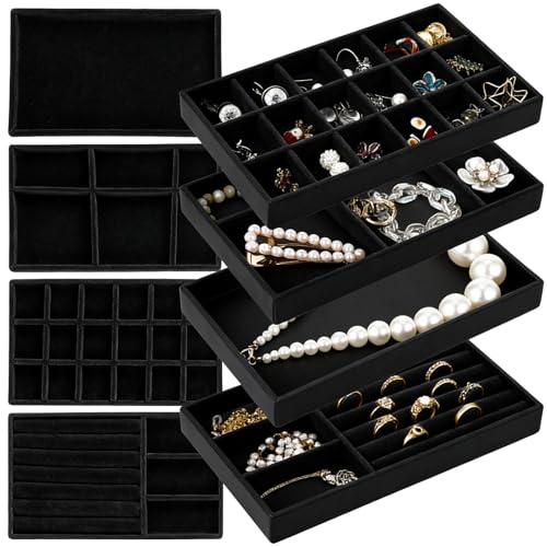Homaisson Jewelry Drawer Organizer, Velvet Jewelry Tray, Multiple Compartment Layout, Set of 4 Jewelry Organizer for Rings, Earrings, Bracelets, Necklaces (Black) - color: Black