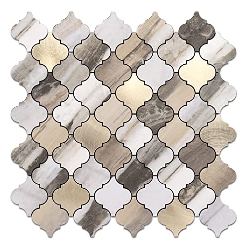 STICKGOO Arabesque Peel and Stick Backsplash Tile, Stick on Backsplash for Kitchen and Bathroom, Gold Wood Grain Marble Look PVC Mixed Metal Aluminum Mosaic Tiles(10 Sheets) - color: Gold Wood Grain Marble