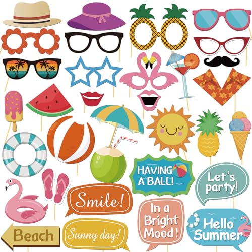33 Pcs Hello Summer Photo Props Kit, Hawaii Luau Tropical Tiki Beach Summer Pool Men Women Girl Boy Kids Teens Cutouts Birthday Party Celebration Decorations Photography Props