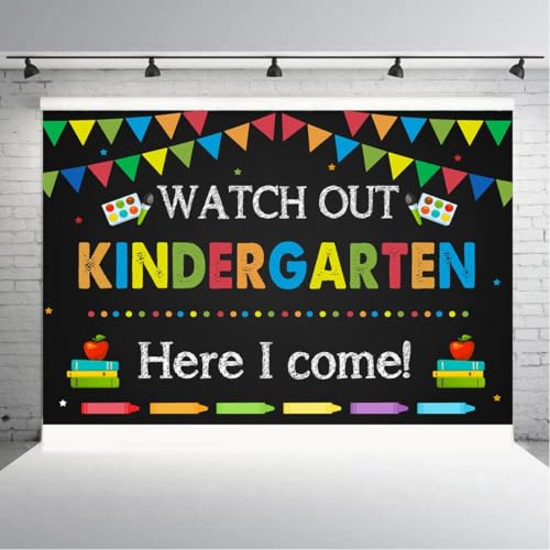 Kindergarten Graduation Backdrop 6x4ft Back to School Banner Watch Out Here I Come First Day of School Preschool Kids Classroom Party Decoration Supplies Banner Photo Booth Studio Prop - size: 9x6