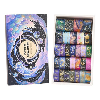 Gold Foil Washi Tape Set 30 Rolls,Celestial Decorative Masking Tape for Junk Journal, Journaling & Scrapbook Supplies, DIY Crafting Supplies - style: Galaxy