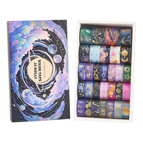 Gold Foil Washi Tape Set 30 Rolls,Celestial Decorative Masking Tape for Junk Journal, Journaling & Scrapbook Supplies, DIY Crafting Supplies - style: Galaxy