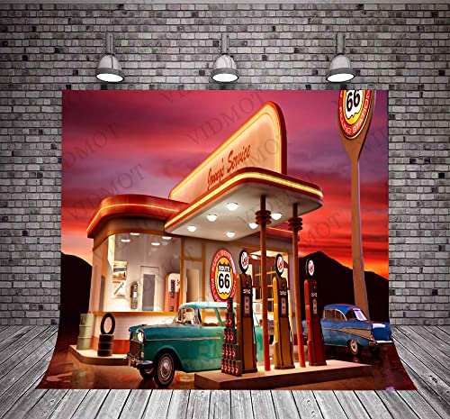 50s Backdrop for Bathday Party Route 66 Gas Station Vintage Car Photography Background 8x8ft Party Decor Banner Photo Studio Photography Props BJXPVV5 - size: 8x8 FT