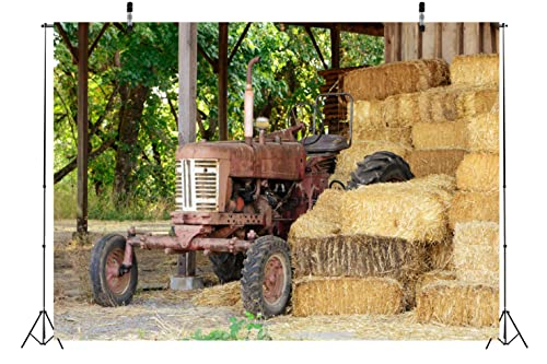 BELECO 15x10ft Fabric Farm Barn Haystack Backdrop Countryside Old Tractor Hay Bales Fall Harvest Photography Background Autumn Themed Party Decoration Kids Adults Portrait Shooting Studio Props - size: 15x10FT
