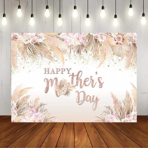Mocsicka 7x5ft Mothers Day Backdrop Banner Boho Happy Mother's Day Photo Background Party Decorations Pampas Grass Thanks Mom Mother Day Decorations Banner Photo Booth Props - size: 7x5ft