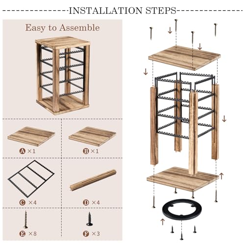 Emfogo 360 Earring Holder Organizer, Rustic Wood Earring Stand, Rotating Wooden Display, 4 Tiers Earring Organizer Stand for Stud Earrings, Hoop Earrings & Necklaces, Women Gifts - color: Brown