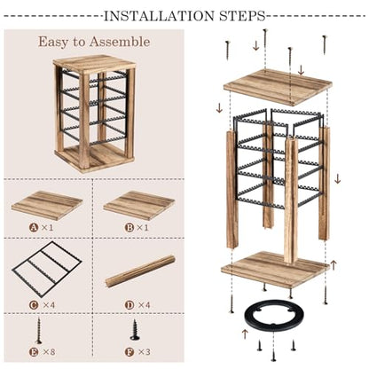 Emfogo 360 Earring Holder Organizer, Rustic Wood Earring Stand, Rotating Wooden Display, 4 Tiers Earring Organizer Stand for Stud Earrings, Hoop Earrings & Necklaces, Women Gifts - color: Brown