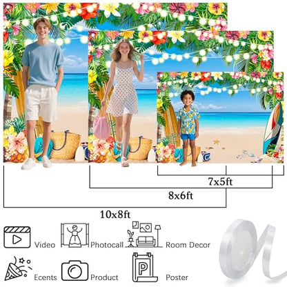 10 x 8 ft Summer Party Backdrop Hawaii Ocean Beach Tropical Leaves Flower Background Aloha Decorations Photo Booth Props Seaside Luau Happy Birthday Party Banner - size: 10*8 ft