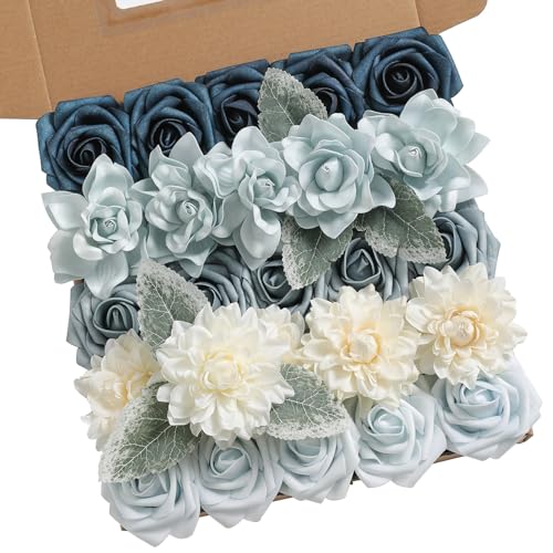 rongflower Blue Artificial Flowers Combo Box Set Gradient Color Flower Leaf with Stems for DIY Wedding Bouquets Centerpieces Baby Shower Party Home Decorations - color: Blue