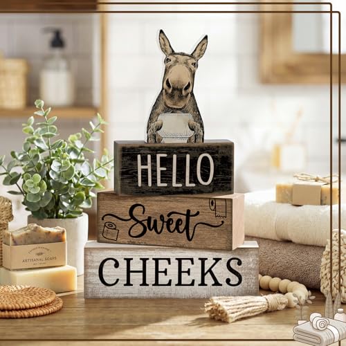 Moucuny 4 Pcs Donkey Bathroom Decor Set Farmhouse Bathroom Decor and Accessories Rustic Hello Sweet Cheeks Wooden Blocks Signs Funny Donkey Toilet Shelf Decoration for Home Office Half Bath - style: Donkey