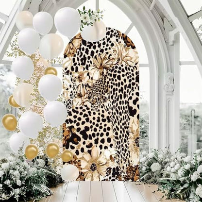 Leopard Texture Leopard Print Leopard Flowers Seamless Pattern 7.2FT Wedding Arch Cover Spandex Fitted Fabric Round Top Stretchy Backdrop Stand Covers for Wedding Birthday Party Decoration