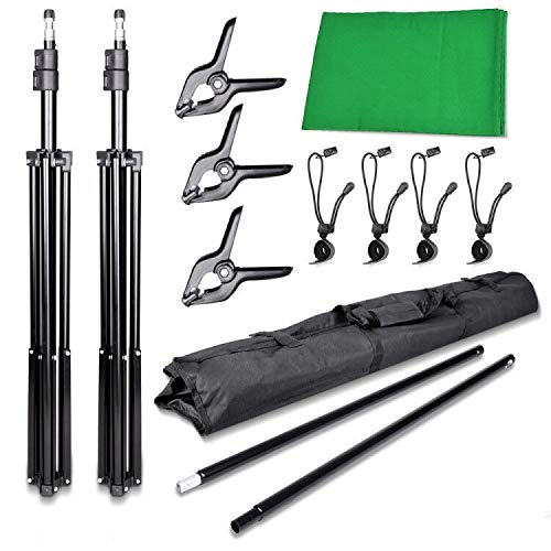 Slow Dolphin Photo Background Support System with Backdrop Stand Kit, 100% Pure Cotton Muslin 6.5 Ft x 10 Ft Chromakey Green Screen Backdrop, Clamp, Carry Bag for Photography Video Studio