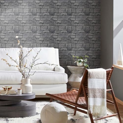 3D Wall Panel Peel and Stick, Faux Stone Wall Panel, 10 Pcs 12"X12" Ultra-Light Thin PVC Gray Stone Self Adhesive Fake Brick Backsplash for Interior Decor - color: Dark Gray-1