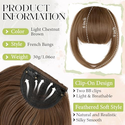 Bangs Hair Clip in Bangs, French Light Chestnut Brown Fake Bangs Hair Clip on Bangs for Women Fringe with Temples Hairpieces Faux Bangs for Daily Wear - color: Light Chestnut Brown