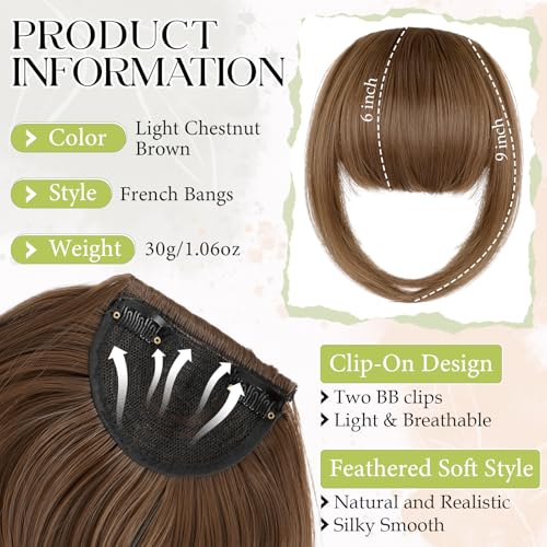 Bangs Hair Clip in Bangs, French Light Chestnut Brown Fake Bangs Hair Clip on Bangs for Women Fringe with Temples Hairpieces Faux Bangs for Daily Wear - color: Light Chestnut Brown