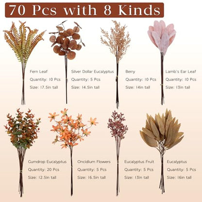 Artificial Greenery Stems Box Set for Fall Decor (Pack of 70pcs) with 8 Kinds of Faux Plants and Fake Flowers for Autumn DIY Wedding Bouquet Table Centerpieces and Floral Arrangement (Brown & Orange)