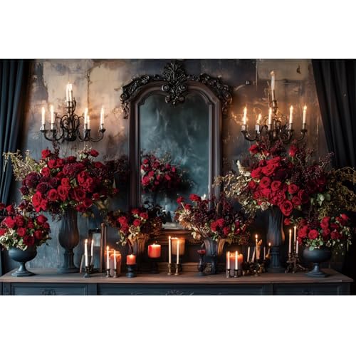YongFoto Retro Elegant Mirror Candelabras Dresser Backdrop 8x6.5ft Candles Roses Flower Artistic Photography Background Bridal Shower Wedding Party Banner Portrait Photoshoot Wallpaper Photo Booth - color: Style 1, size: 8ftx6.5ft