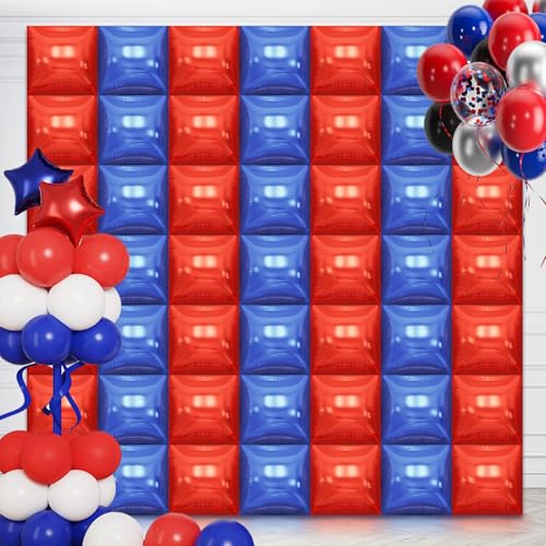 50PCS Blue Red Square Foil Balloon Wall, 19'' Reusable DIY Mylar Double Side Balloons Garland Tunnel Arch Kit for Anniversary Baby Shower Bachelorette Birthday Game Party Decor - color: Blue & Red