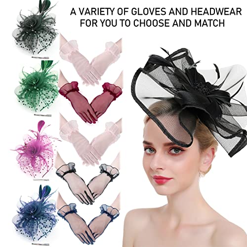 Fascinators Hats with Gloves Set for Women 20s 50s Cocktail Tea Party Wedding Costume Headwear - color: B-navy