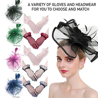 Fascinators Hats with Gloves Set for Women 20s 50s Cocktail Tea Party Wedding Costume Headwear - color: B-navy
