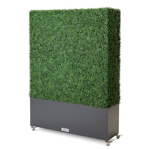 Artificial Boxwood Hedge Wall with Dark Grey Planter Box and Wheels, Greenery Fake Faux Grass Panels Backdrop Divider 48" WX66 HX14 D - size: 48"wx66"hx14"d