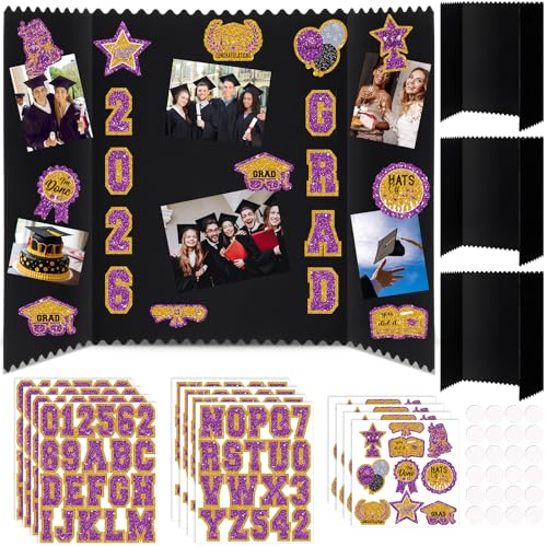 AmazingSpark 2 Sets 40 x 28 Large Trifold Poster Board for Graduation Photo Display Board with 12 Grad Themed Stickers for 2026 Presentation Party Decor Event Collage Frame Supplies (Purple Gold) - color: Purple Gold, size: 24 x 16"