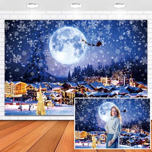Leowefowa 8x6ft Vinyl Christmas Photography Backdrop Xmas Snowflake Starry Sky Moon Scene Background Winter Christmas Backdrop Baby Shower Birthday Party Holiday Decor Photo Studio Props - color: blue, size: 8x6ft
