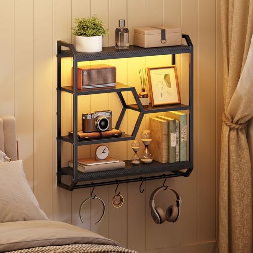 HOOBRO Gaming Floating Shelf with LED Lights, 27.5" LED Wall Mounted Shelf with Hanging Rod & 4 S-Hooks, 4-Tier Hanging Display Rack, for Living Room, Gaming Room, Black BB71DBJ01 - color: Black
