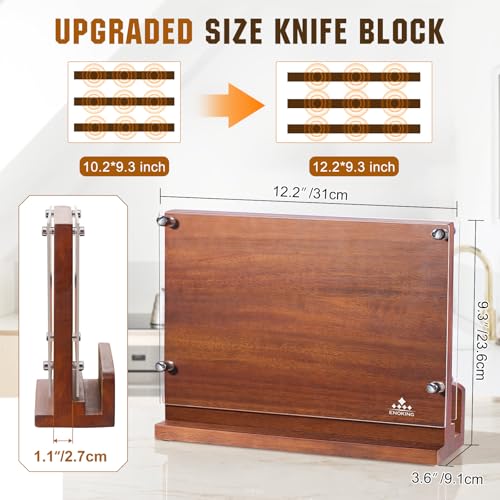 ENOKING Magnetic Knife Block with Acrylic Shield 12 x 9 Inches, Double Side Kitchen Knife Holder without Knives- Acacia Wood Universal Knife Storage Organizer with Powerful Magnet for Kitchen Counter - size: 12*9 inches