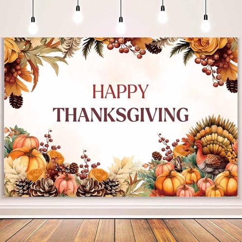 MEHOFOND 7x5ft Happy Thanksgiving Backdrop Autumn Pumpkin Turkey Thanksgiving Party Decorations Banner Fall Thanksgiving Day Party Photography Background Sign Poster Banner, Yellow - color: Turkey, size: 7x5ft