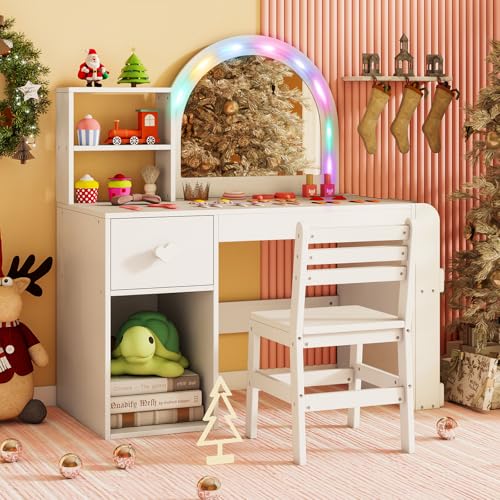 Costzon Kids Vanity, Girls Vanity Set with Lighted Mirror, Bookshelf, Drawer, Storage Cabinet & Shelves, Toddler Makeup Vanity Desk Dressing Table, Wooden Kids Vanity Table and Chair Set (White) - style: White with Bookshelf